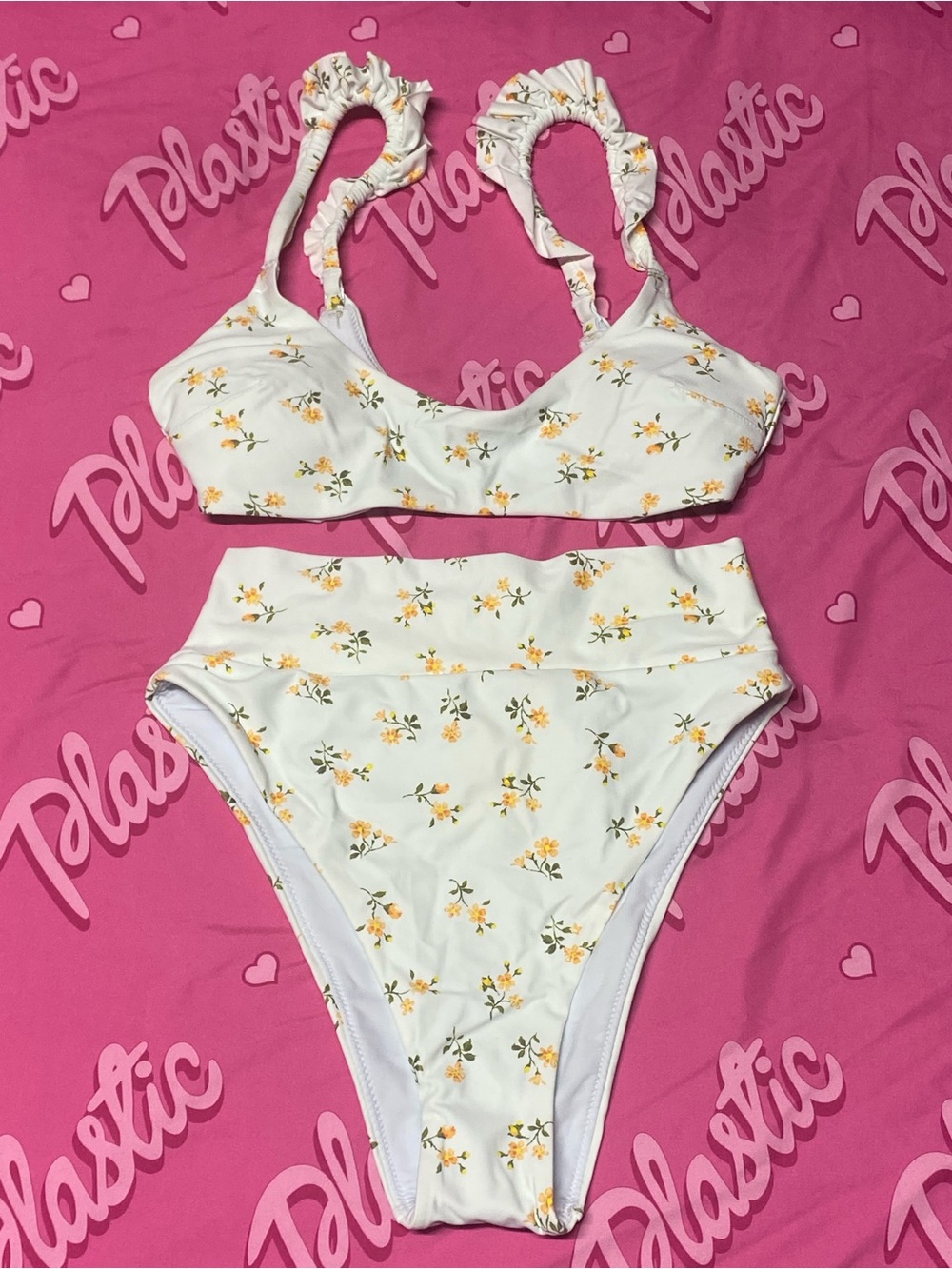NWT Aerie 2pc Floral Super High Cheeky Bottoms Ruffle Scoop Neck Swimsuit Bikini